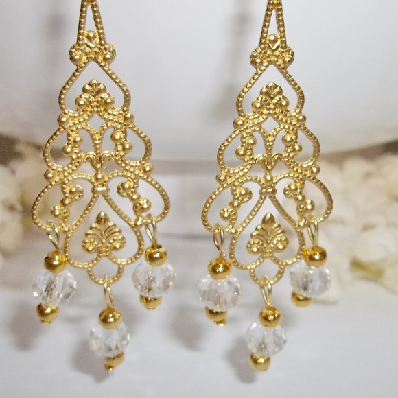 Earring Chandelier Statement Gold & Clear Set 4505 - Picture 6 of 8